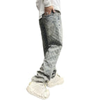 High Street Hip Hop Trousers, Trendy Brand Cool and Handsome Jacquard Full Print Jeans for Men, American Style Vibe Straight Leg Pants