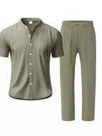 Men's Full Size Casual Button Up Short Sleeve Shirt and Pants Set Plus Size