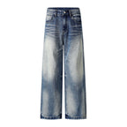 Washed Faded Denim Long Pants Clean Fit Punk Loose Wide Leg Dad Trousers Men's Distressed Ripped Straight Leg Jeans