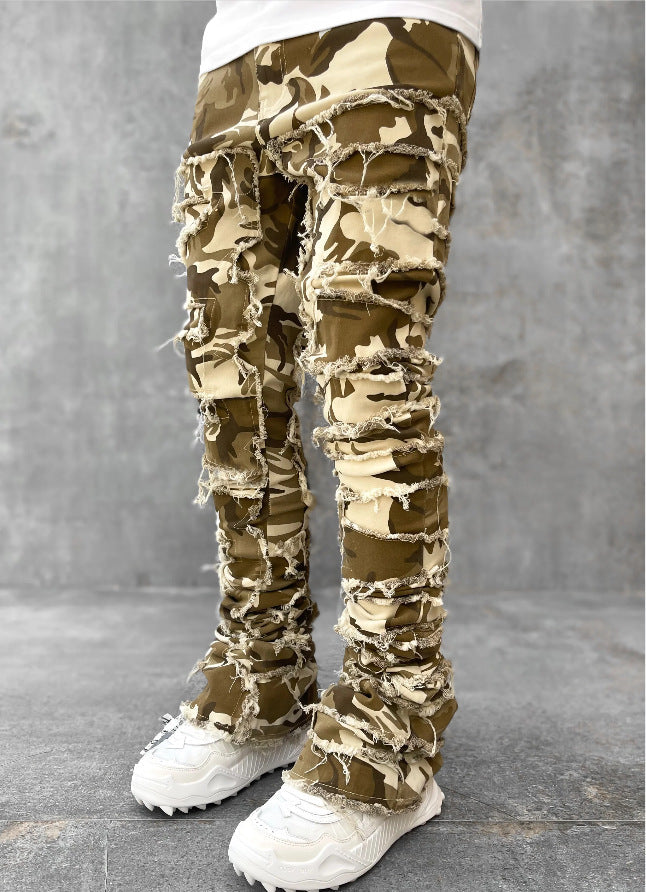Ins Fringes Ripped Trousers Individual Patched Pants Long Tight Fit Stacked Jeans For Mens Clothing