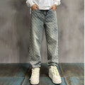 High Street Hip Hop Trousers, Trendy Brand Cool and Handsome Jacquard Full Print Jeans for Men, American Style Vibe Straight Leg Pants