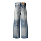 Washed Faded Denim Long Pants Clean Fit Punk Loose Wide Leg Dad Trousers Men's Distressed Ripped Straight Leg Jeans