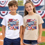 Baseball Snacks Kids T-Shirt, Here For The Food Graphic Tee for Youth Boys
