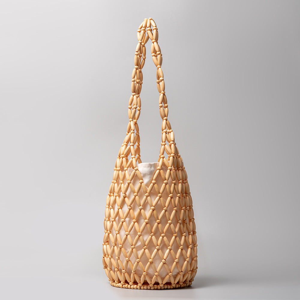 Women's Hollow Hand-woven Design Wooden Bead Summer Handbags