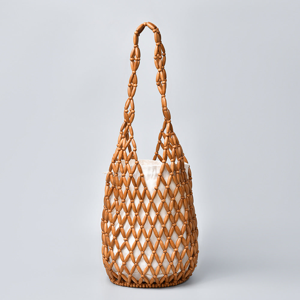 Women's Hollow Hand-woven Design Wooden Bead Summer Handbags