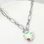 Women's Chunky Heart Stone Cluster Toggle Pendant Statement Necklace
