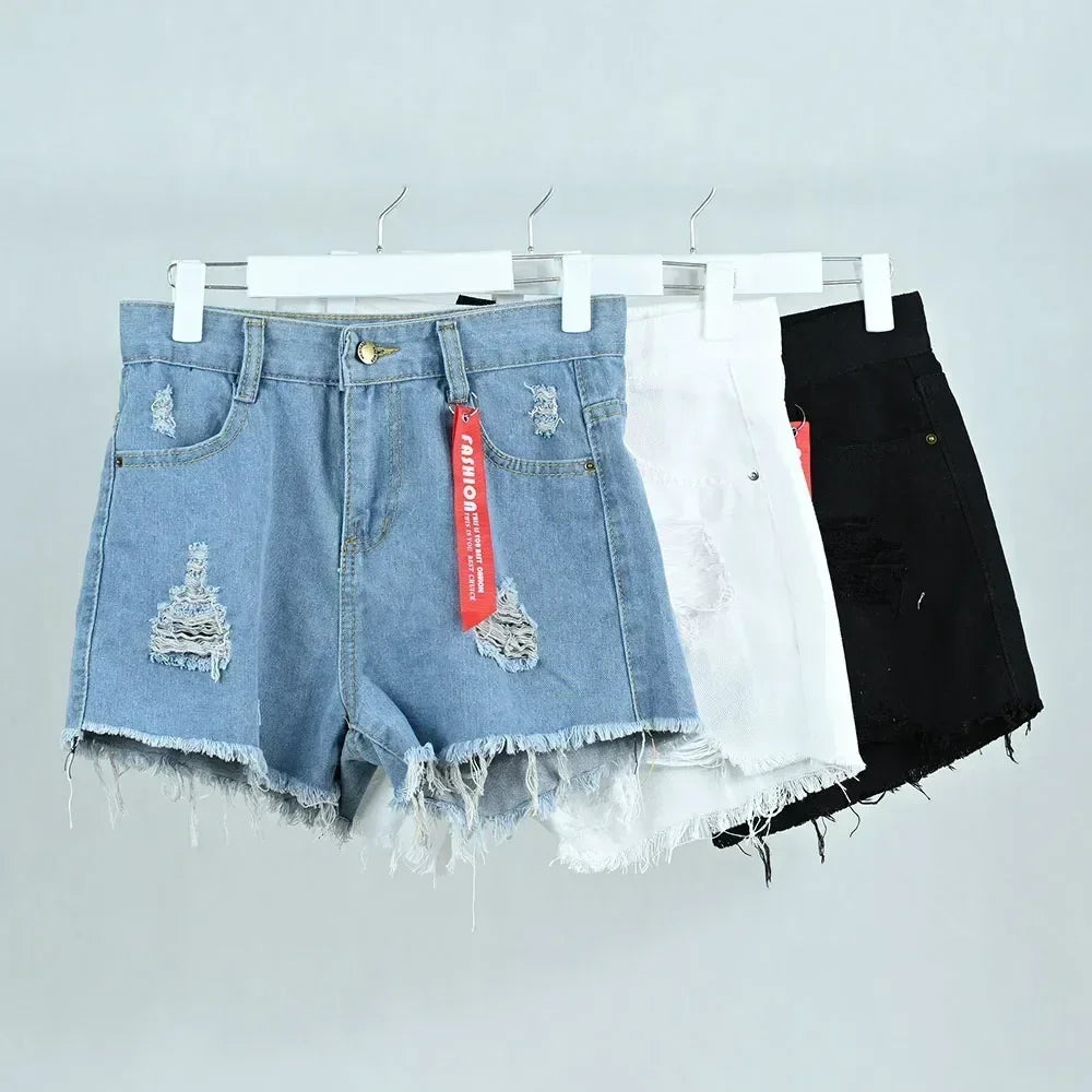3pcs Women's High Waist Denim Shorts 2025 Summer Black Blue White Hot Pants Ripped Jeans Shorts Woman Short Trousers Streetwear