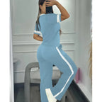 Spring Summer New Casual Sports T-shirt Short-sleeved Suit Women Fashion Splicing Side Stripes Simple Trousers 2 Piece Set 2026