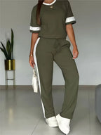 Spring Summer New Casual Sports T-shirt Short-sleeved Suit Women Fashion Splicing Side Stripes Simple Trousers 2 Piece Set 2026