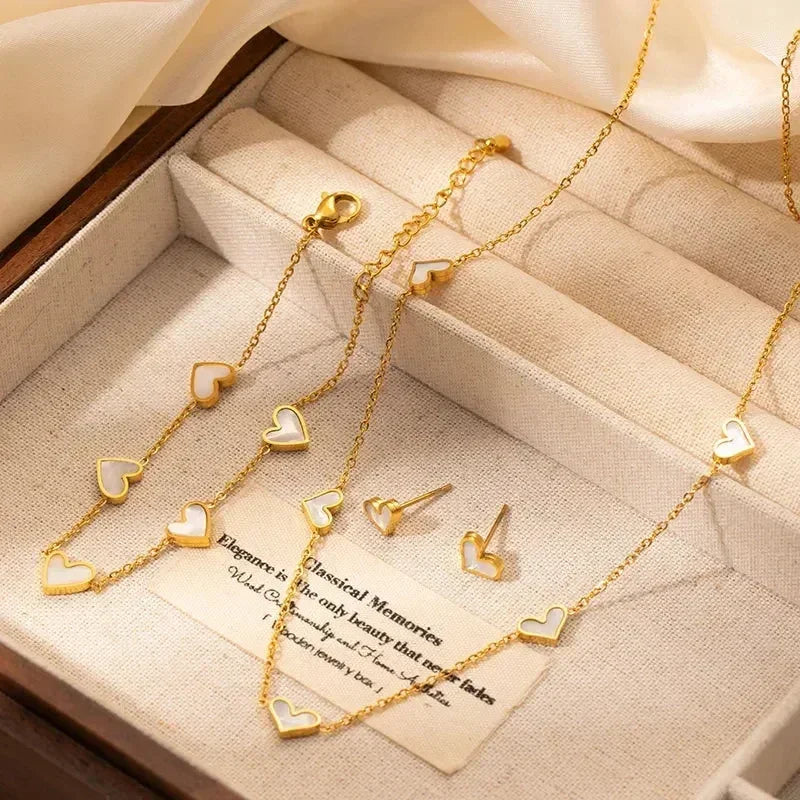 ANENJERY 316L Stainless Steel Heart Shell Necklace Bracelet Earrings For Women Girls Simple Fashion Jewelry Set Gifts Wholesale