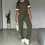Spring Summer New Casual Sports T-shirt Short-sleeved Suit Women Fashion Splicing Side Stripes Simple Trousers 2 Piece Set 2026
