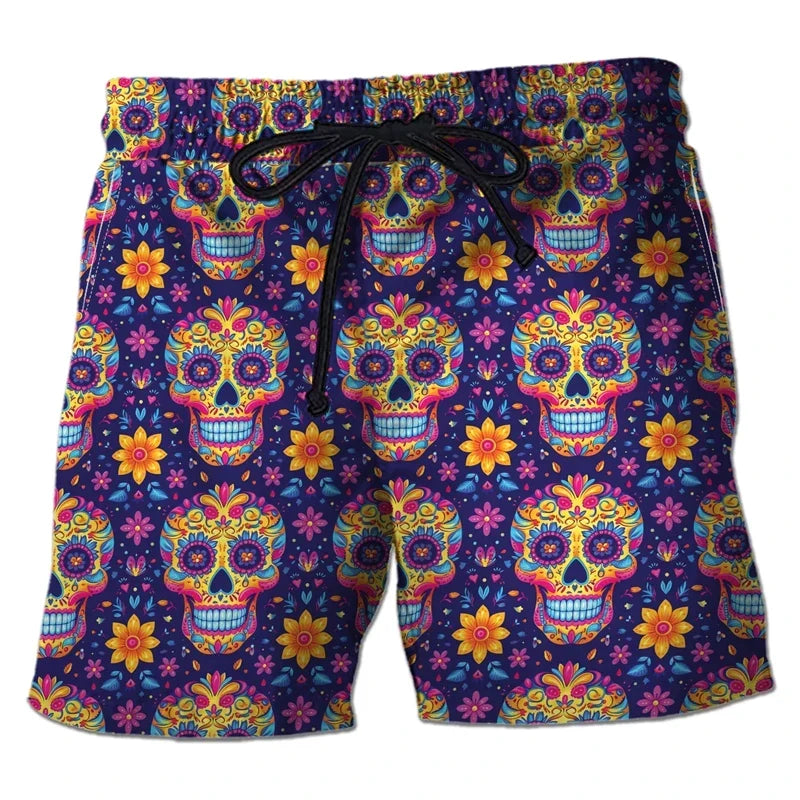 Harajuku Skull Graphic Beach Shorts Hawaiian Male Boardshorts Goth Skeleton Flower Bermudas Hip Hop Short Pants For Men Trousers